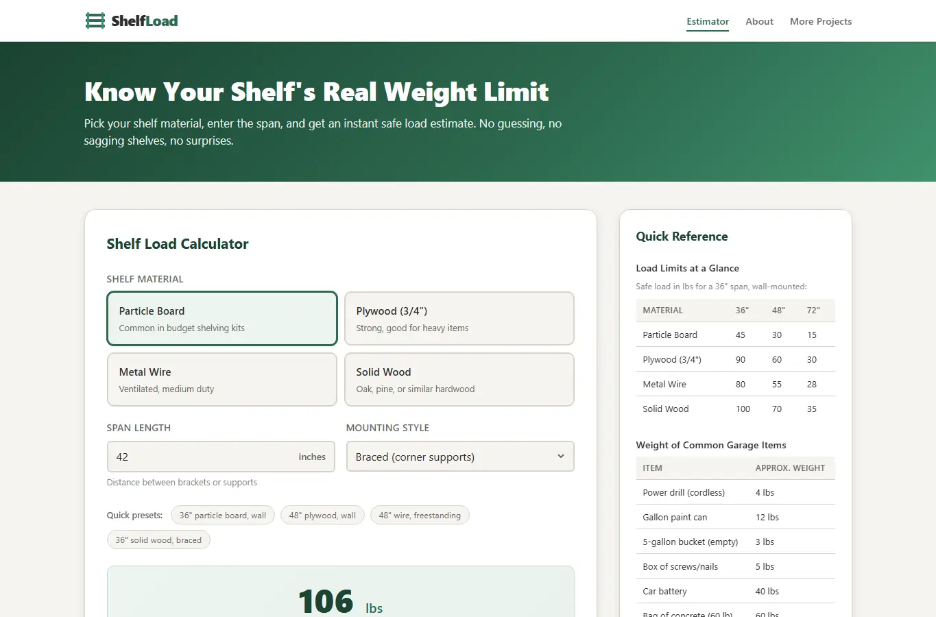 Screenshot of Garage Shelf Load Estimator interface showing the project page in use